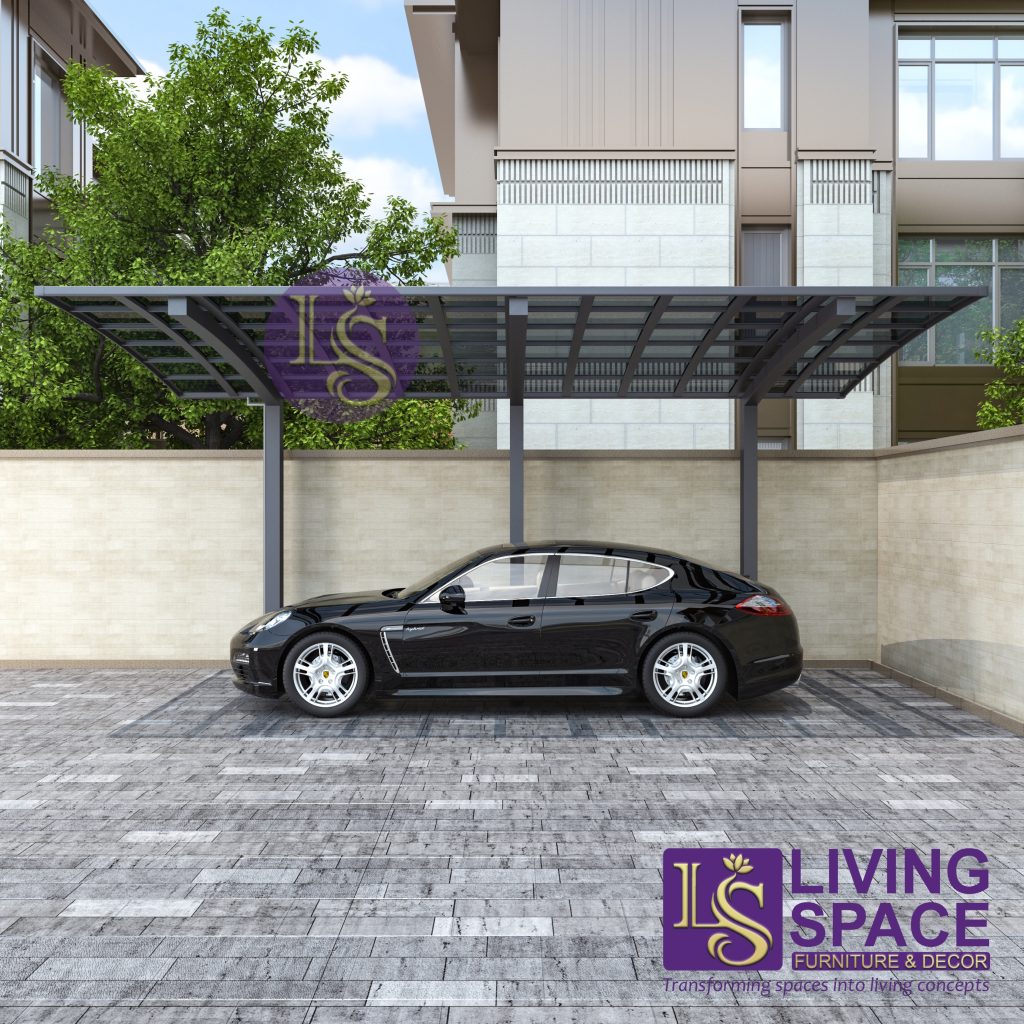 A black car parked under a cantilever carport in new zealand