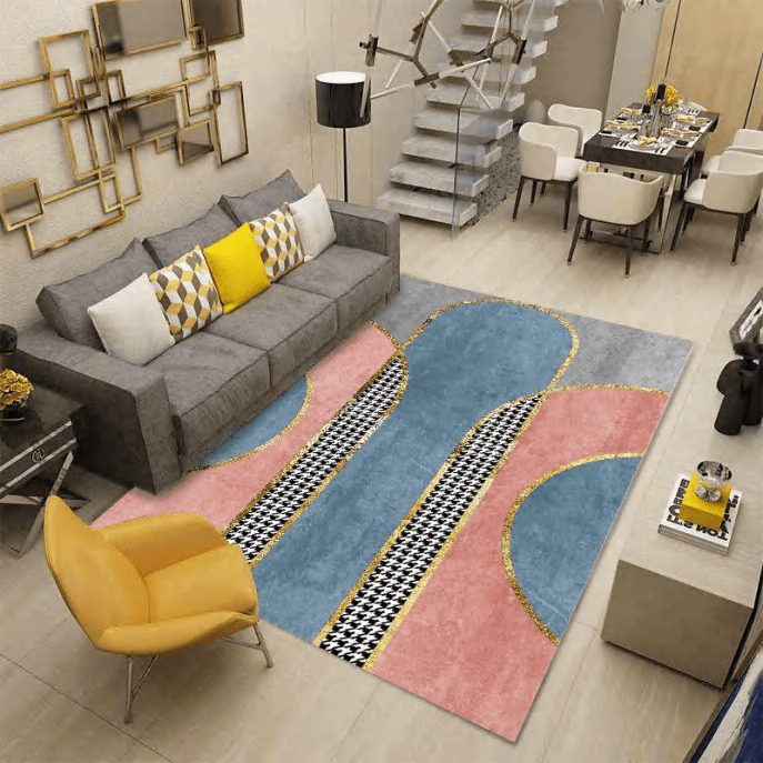 A pink and blue rug/carpet along with a yellow chair and grey couch placed in a living room in auckland, new zealand