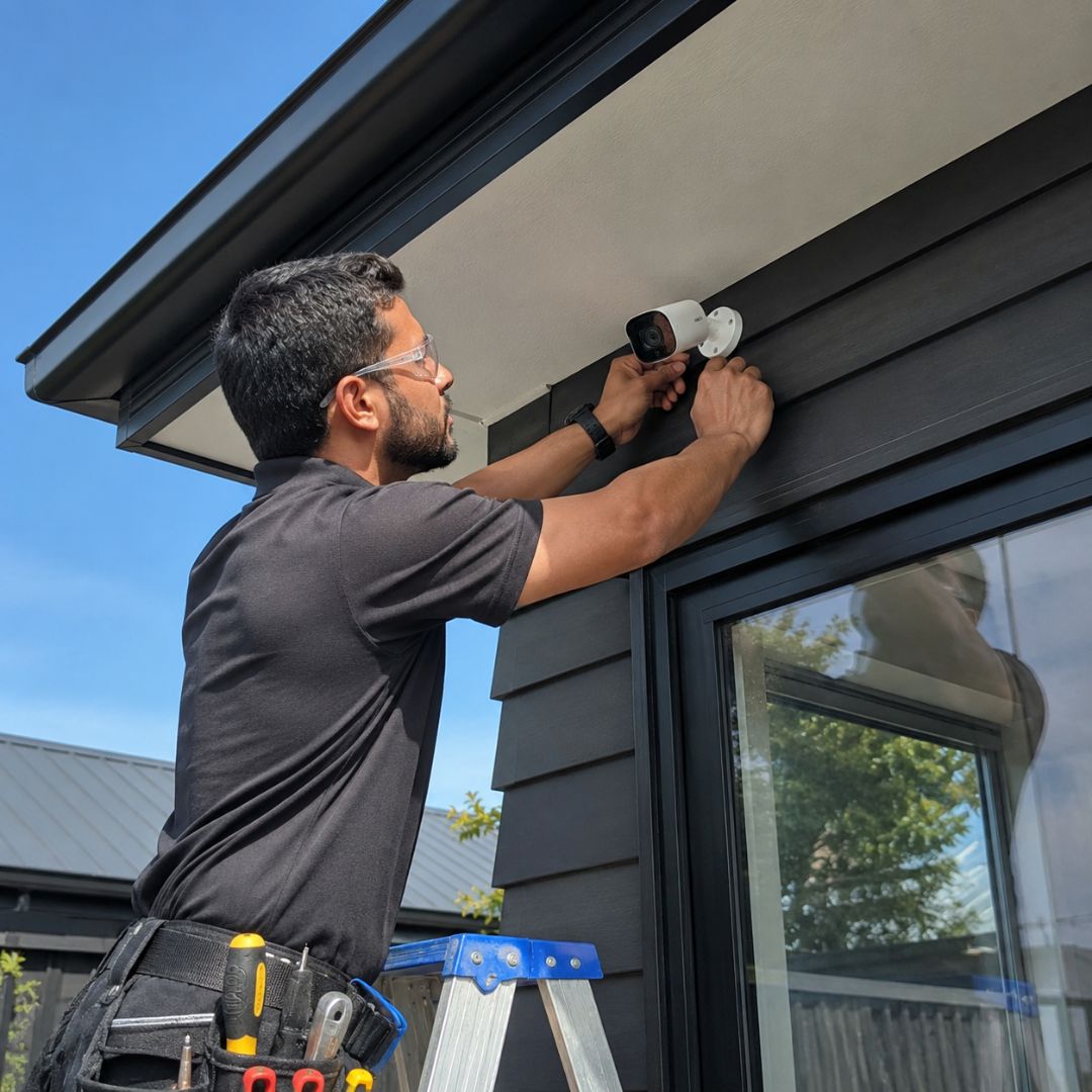 Installer installing CCTV camera at Auckland home